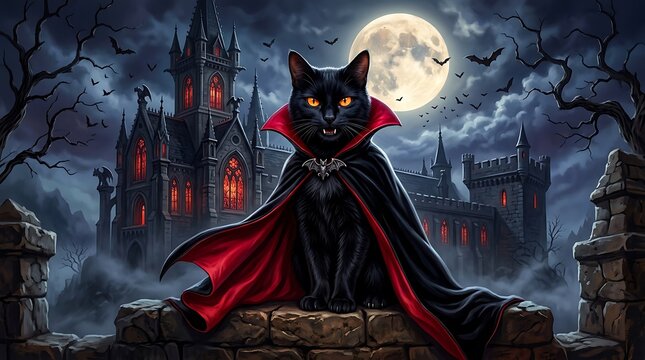 A majestic black cat dressed as a vampire in a cape with a red lining, sitting on a stone wall in front of a spooky gothic castle under a full moon
