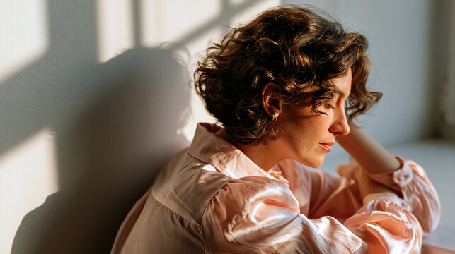 European woman in minimalist home interior leaning against a bright wall in soft daylight with head resting on forearm calm reflective mood mental health