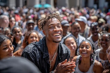 Obraz premium Smiling Man Claps in a Large Crowd Outdoors