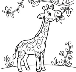 Naklejka premium Cute cartoon giraffe eating leaves from a tree, coloring page for kids