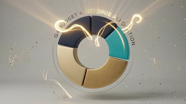 Circular 3d business chart showing q4 budget and revenue allocation. Corporate donut graph animation with glowing particles for financial reporting and analysis