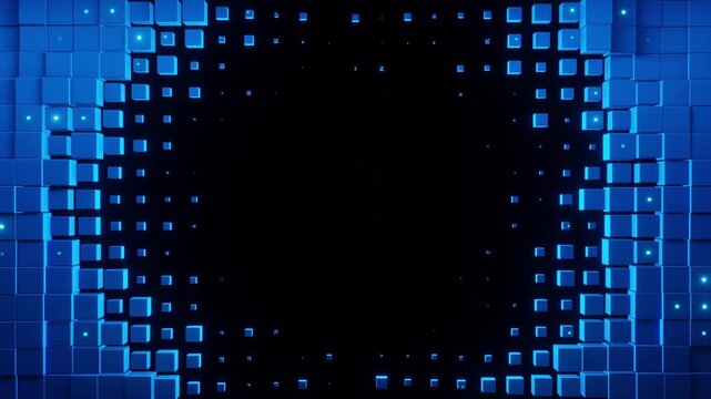 A futuristic abstract background featuring an array of glowing blue digital cubes arranged in a fading pattern, creating a frame around a dark central area. This dynamic design provides ample copy