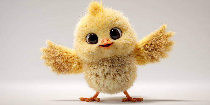 Fluffy yellow chick with large eyes a 3d rendered character on a light gray background