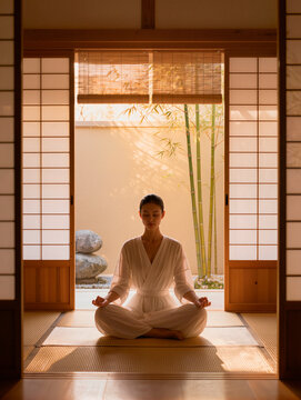 Woman Meditating in Traditional Japanese Room with Garden View. AI generated