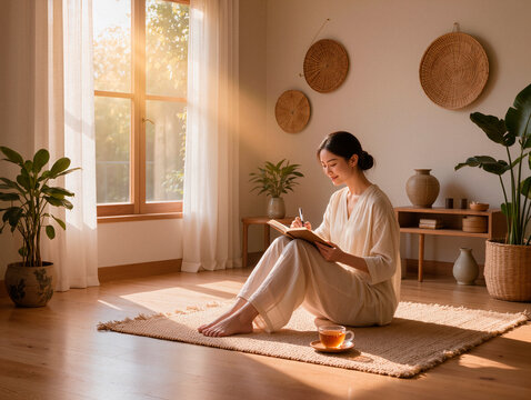 Woman Writing in Journal on Rug in Sunlit Room. AI generated.