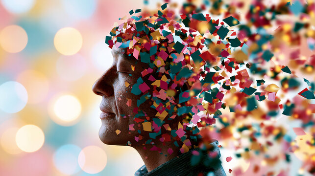 Colorful abstract human head made of floating geometric fragments on a bright pastel background symbolizing cognitive diversity and mental wellness