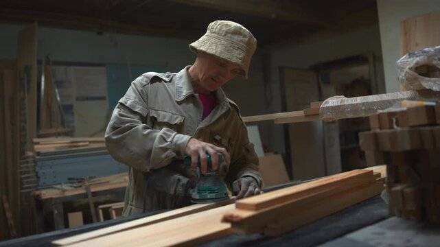 Woodworker guiding handheld sander over wooden plank on sturdy workbench inside dim carpentry workshop with warm overhead light revealing wood grain, dust and focused manual finishing