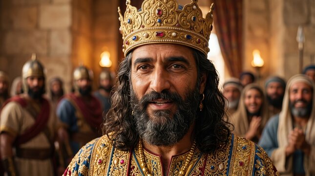 King Cyrus of Persia wearing golden crown in palace. Biblical king Cyrus the Great decree to subjects
