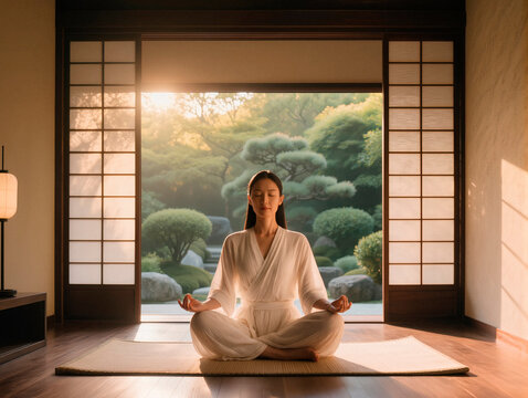 Woman Meditating in Traditional Japanese Room with Garden View. AI generated