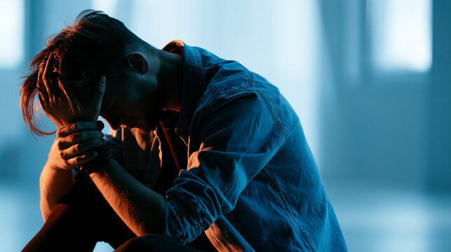 Silhouette of a bowed person in a bright clean studio, soft lighting, minimalist burnout concept with emotional anxiety mood
