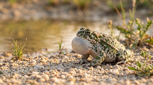 male european green toad (bufotes viridis) calling on gravel