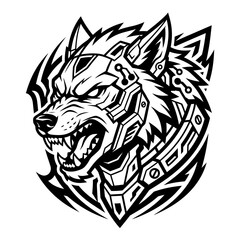 Fototapeta premium Dynamic robotic wolf head with circular tech pattern.