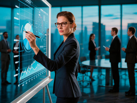 Businesswoman Presenting Financial Data on Interactive Display in Office