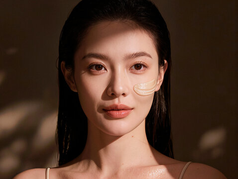 Young Woman Applying Skincare Cream on Her Cheek. AI generated