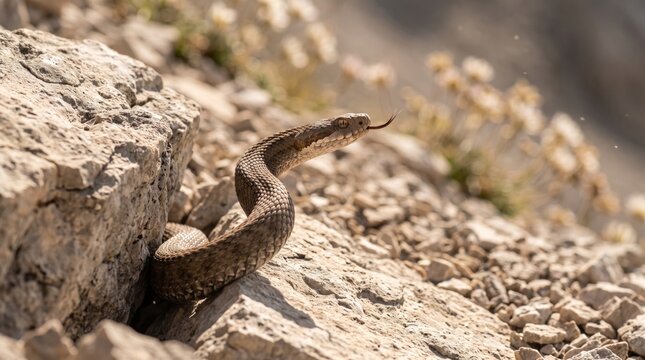asp viper (vipera aspis) emerging from limestone rocks
