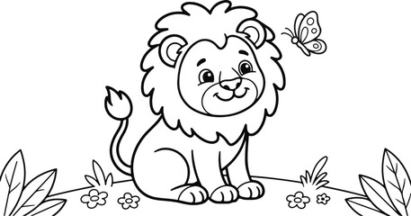Fototapeta premium Cute cartoon lion sitting in the grass looking at a butterfly