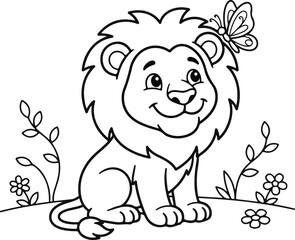 Obraz premium Cute cartoon lion sitting in the grass with a butterfly on its head