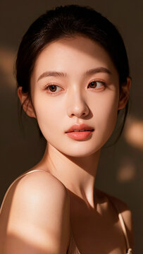 Portrait of a Young Woman with Natural Beauty in Warm Tone. AI generated