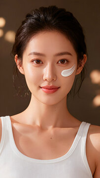 Young Woman Applying Skincare Cream on Her Cheek. AI generated