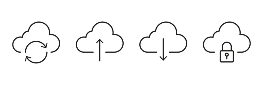 Cloud computing icon set. Collection of cloud synchronization, upload, download, and security symbols representing online storage, data transfer, backup, network access, and digital protection.