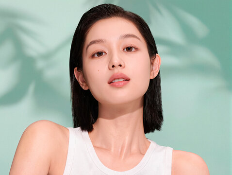 Young Asian Woman with Glowing Skin Posing Against Green Background. AI generated