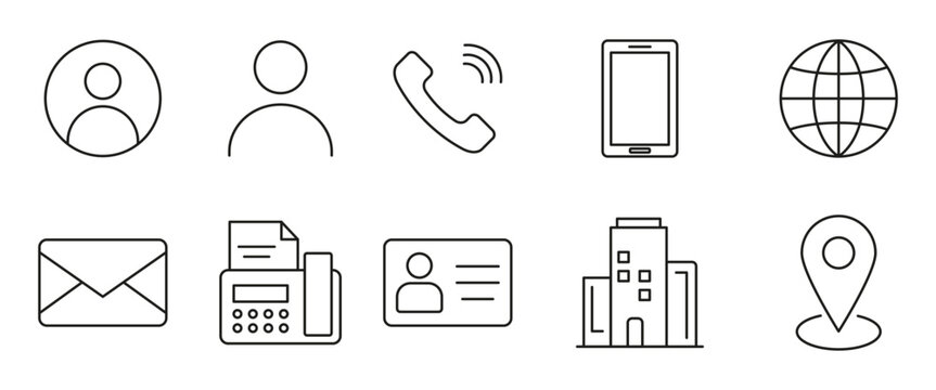 Business card contact icon set. Collection of user, phone, smartphone, website, fax, identity card, company building, and location symbols for professional contact information.