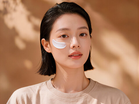 Young Woman Applying Skincare Cream on Her Cheek. AI generated