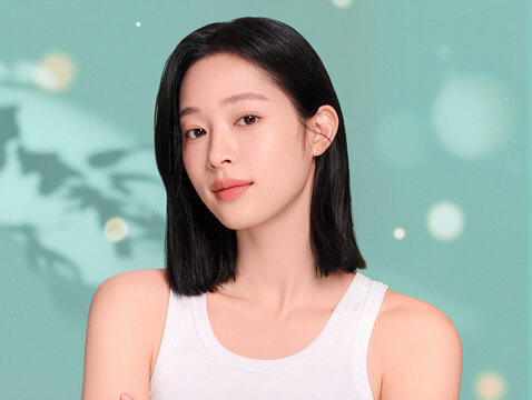 Young Asian Woman with Glowing Skin Posing Against Green Background. AI generated
