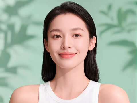 Young Asian Woman with Glowing Skin Posing Against Green Background. AI generated