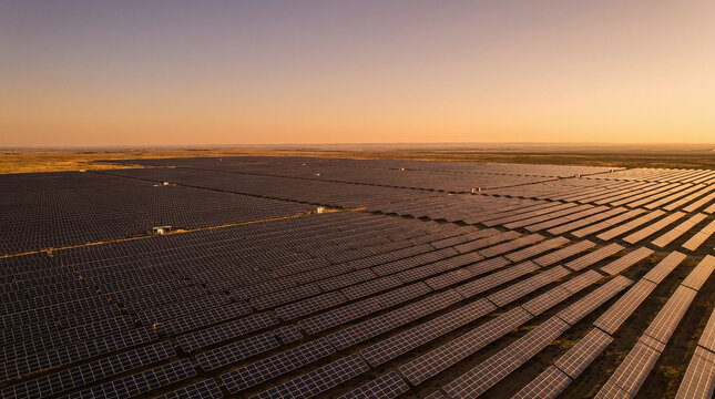 Aerial view of a massive solar panel farm at sunset.