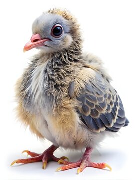 Adorable baby pigeon chick standing on white background. Fluffy young squab bird with soft feathers and pink feet for design projects.