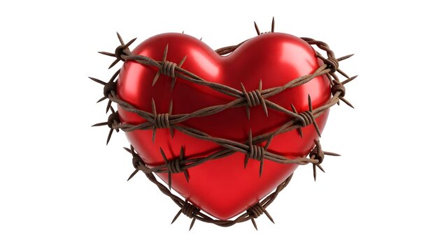 Broken heart wrapped in barbed wire symbolizing pain and sacrifice against a minimalist background
