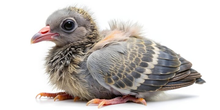 Baby pigeon chick sitting on white surface. Young squab bird with fluffy feathers and pink beak isolated for design projects.