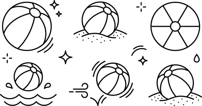 Inflatable beach ball line art vector icon collection showing striped toy balls on sand waves and rolling elements.