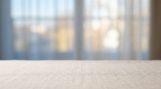 Empty linen tablecloth with blurred window background