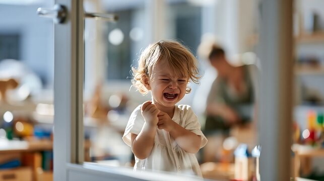 Crying toddler inside a daycare classroom during the first days of preschool, highlighting separation anxiety, emotional adjustment and childcare enrollment issues