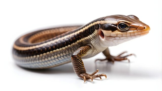 Close-up of baby skink lizard on white background. Tiny reptile pet portrait with detailed scales and natural texture.