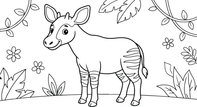 Cute okapi standing in the jungle, coloring page for kids