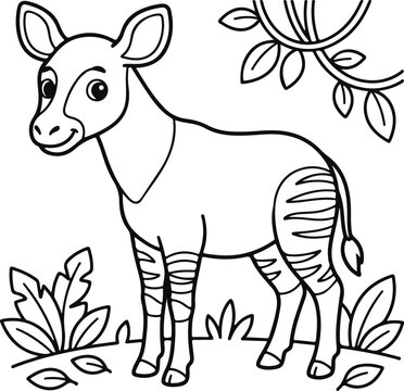 Cute okapi in the forest, coloring page for children