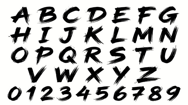 Black brush stroke alphabet letters A-Z and numbers 0-9 on a white background, depicting a grunge or handwritten font style.