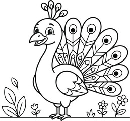 Fototapeta premium Cute cartoon peacock with a beautiful fanshaped tail