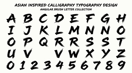 Asian inspired calligraphy typography design featuring an angular brush letter collection of uppercase alphabet and numbers for graphic projects. © Anggun