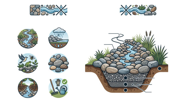 Dry Creek Bed Landscape Symbols &ndash; Architectural CAD Drainage Pattern High Quality Vector Set