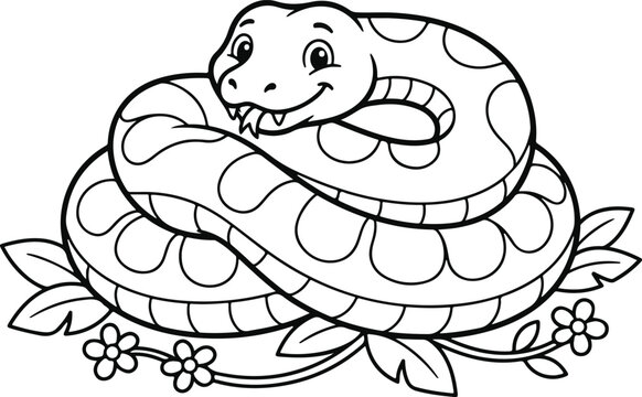 Cute cartoon snake coiled in a circle with flowers and leaves