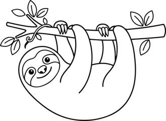 Obraz premium Cute cartoon sloth hanging from a tree branch