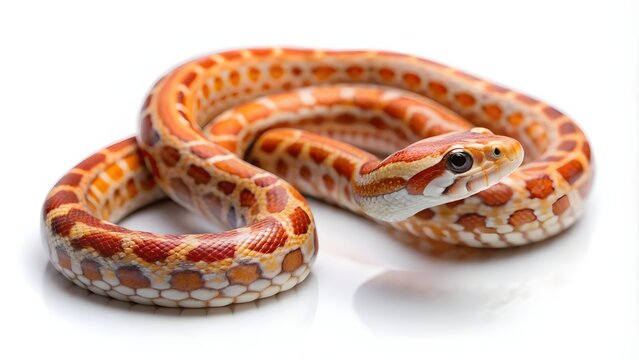 Close-up of two colorful corn snake pythons coiled together. Vibrant patterned baby reptiles resting in natural habitat.