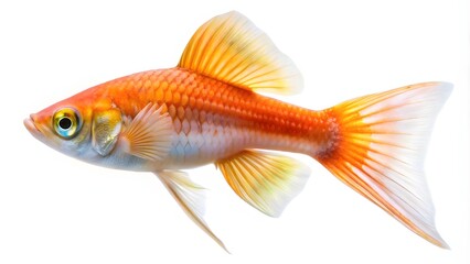 Fototapeta premium Vibrant orange swordtail fish swimming gracefully. Bright freshwater aquarium species with flowing fins isolated on white.