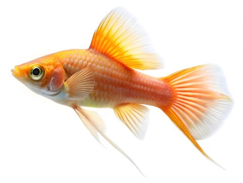 Freshwater aquarium fish swimming gracefully. Vibrant orange swordtail with flowing fins isolated on bright white background.