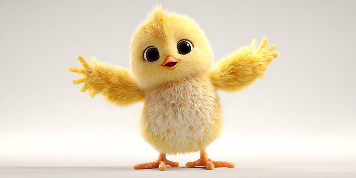 A fluffy yellow chick with outstretched wings stands in a softly lit three dimensional rendering