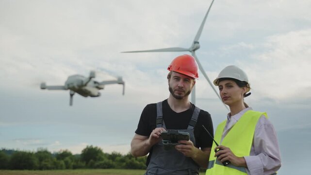 Engineers in safety gear operate a drone near wind turbine. They monitor renewable energy systems, collect data, and ensure clean electricity with modern technology and sustainable solutions.